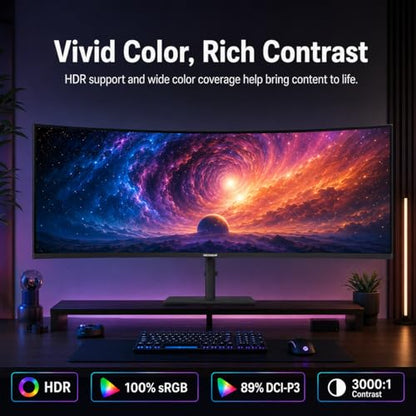 Deco Gear 49 Inch Curved Monitor, 3840x1080 Ultrawide Gaming WDFHD Screen, 144Hz, 32:9, 3ms, 3000:1 VA Display, HDR400, Adaptive Sync, USB-C 65W, HDMI, PIP/PBP, KVM, 1800R, Office & Workstation Setup - size: 49 inch