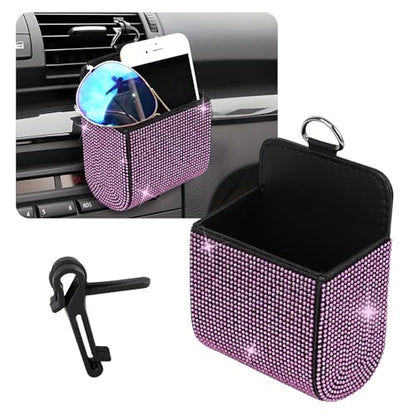 Car Vent Storage Organizer, Rhinestone Auto Air Vent Leather Storage Pouch, Bling Automotive Hanging Bag Pocket Case, Universal Car Mount Cell Phone Sunglasses Coin Holder (Pink) - color: Pink