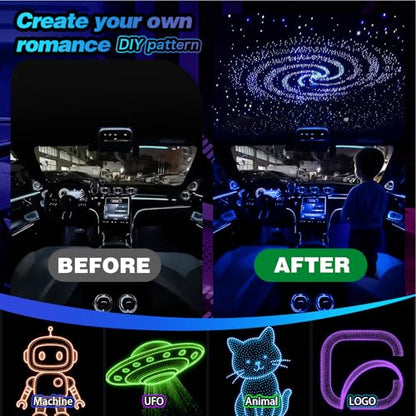 Split Starlight Headliner Kit - 1800pcs 0.02in 4.9ft Fiber Optic RGBW Star Lights for Car with 6 Light Heads 16W Engine Easy to Hide,Flexible Wiring,APP/Remote Control for Car Roof Ceiling - size: 1+6+1800*0.5*1.5m