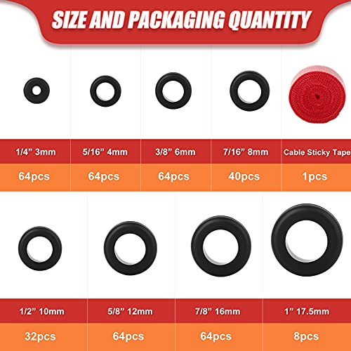 288Pcs Rubber Grommet Kit, O Ring Washer Eyelet Ring Gasket Plugs Wire Protection with Cable Sticky Tape, 8 Sizes 1/4" 5/16" 3/8" 7/16" 1/2" 5/8" 7/8" 1" (Black) - size: O Eyelet Ring Rubber Grommet Kit