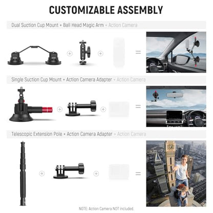 NEEWER Triple Suction Cup Car Mount Compatible with Insta360 X5 X4 GoPro DJI OSMO 360 Cameras, Quick Release Outside Windshield Magic Arm Mount Kit with 2 in 1 Extension Pole/Selfie Stick, CA065 - style: CA065