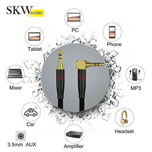SKW Audiophile 3.5mm Right-Angle Stereo Aux Cable 1/8" TRS 9.8ft/3m - color: Black-straight to bend, size: 9.8ft (3m)