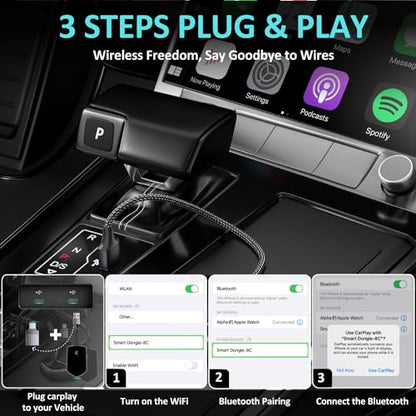 Wireless Carplay Adapter, Converts Wired to Wireless Carplay 2024 Upgrade Dongle for Play Carplay&Wireless Control Plug, Fit for Cars 2017+ & for Apple iPhone iOS 10+, Easy Operation