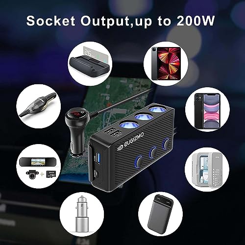 EUGIZMO 7 in 1 Car Cigarette Lighter Splitter,3 Socket 200W Charger Adapter