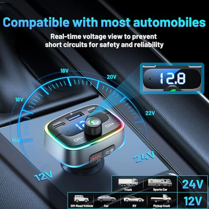 Bluetooth 5.4 Car Adapter 60W Charging USB Bluetooth Adapter for Car,Wireless Fm Transmitter Radio,Handsfree Calling and Audio Receiver,HiFi Music Player,7 Colors LED Backlit - color: Colorful-60W