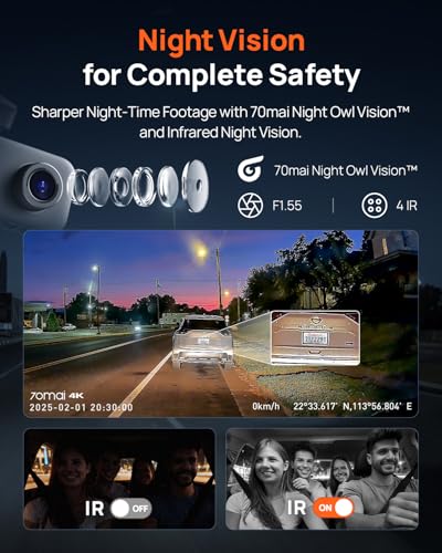 70mai 4K Dash Cam Front and Rear Inside, 3 Channel Car Dash Camera for Cars, Dashcam with GPS, Wi-Fi 6, Voice Control, Parking Monitor, Night Vision, Loop Recording, 64GB SD Card Included (T800E) - size: T800E-RC21-64GB