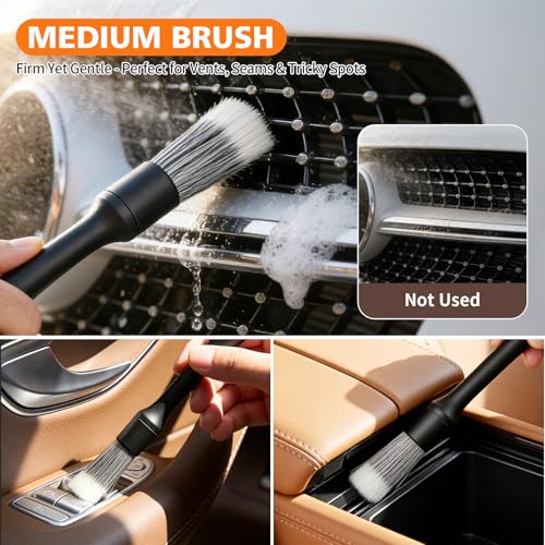 Car Detailing Brush Kit Interior & Exterior Cleaner, Ultra Soft Boars Hair Car Interior Detailing Brushes, 6 Different Detailing Brushes for Auto Detailing, Dashboard, Vents, Wheels and Tires
