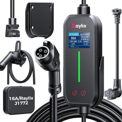Raylix 16A Level 1&2 EV Charger with Holder, 110V-240V J1772 Charger with 21ft Cable [Adjustable Current &Delay Charging] EV Charger Level 1 with Wall Mount for All SAE J1772, Nema 6-20 & Nema 5-15 - size: 16A For ALL J1772 EVs