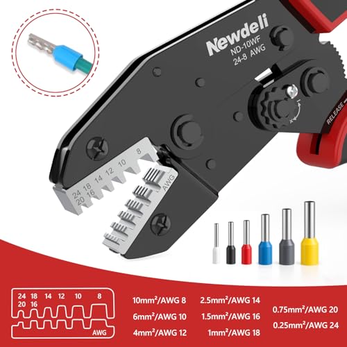 Newdeli Ferrule Crimping Tool 24-8 AWG Wire Ferrule Crimper - Ratchet Wire Crimper Tool for Ferrule Connectors Electrical Wire Terminals Ratcheting Crimping Plier Crimp Tool - style: ND-10WF for ferrule connectors