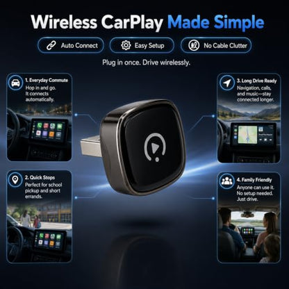 Wireless CarPlay Adapter, Mini Apple CarPlay Wireless Dongle for Factory Wired CarPlay Cars, 5GHz WiFi & Bluetooth Plug & Play Auto-Connect