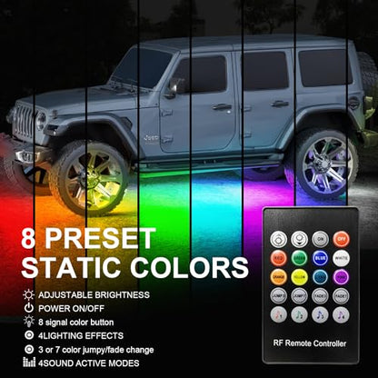 Smart RGB Car Underglow Kit with App & RF Remote - IP67 Waterproof, 16 Million Color LED Light Strips, Music Sync, Universal Fit for All Cars, Trucks, Vans - 12V DC Exterior Lighting