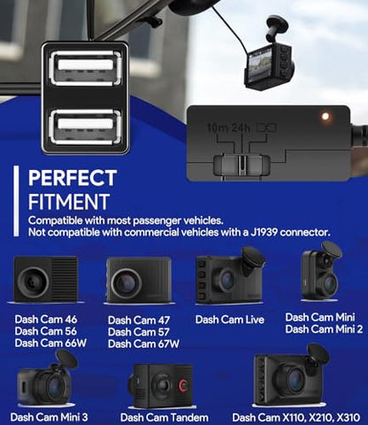 010-12530-23 Constant Power Cable for Garmin Dash Cam 46 47 56 57 66W 67W, Live, Mini, Mini 2 3, Tandem, X110, X210, X310, DashCam, Fits Vehicle's OBD-II Port for Power Even When Parked and Turned Off