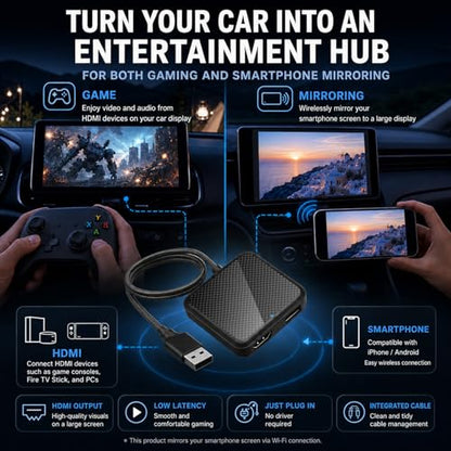 Car TV Adapter with HDMI Input, Wireless CarPlay and Android Auto Dongle for Fire TV Stick, Plug and Play 2K Multimedia Streaming Converter for Factory Wired CarPlay Cars