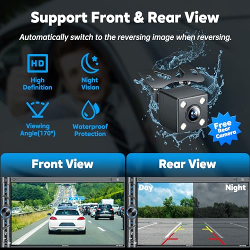 Upgrade Wireless Double Din Car Stereo with Carplay, Android Auto, Bluetooth, 4-Channel RCA, High Power, 2 Subwoofer Ports, 7" HD Capacitive Touchscreen Car Radio, Backup Camera, Audio Receiver - color: Black Wireless Car Stereo