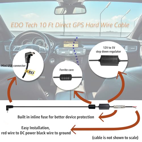 EDOTech Direct Mini USB Hardwire Car Charger Power Cord for Garmin Nuvi Drive DriveSmart DriveAssist DriveTrack RV Auto Navigation GPS