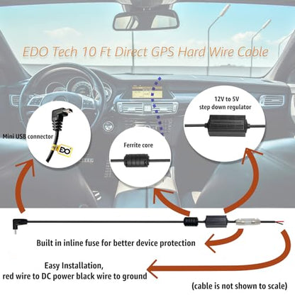 EDOTech Direct Mini USB Hardwire Car Charger Power Cord for Garmin Nuvi Drive DriveSmart DriveAssist DriveTrack RV Auto Navigation GPS