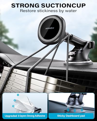 APPS2Car for MagSafe Car Phone Mount for iPhone, Magnetic Windshield Dashboard Holder with Telescopic Arm and Strong Suction Cup, Compatible with iPhone 17/16/15/14/13/12 MagSafe Cases - color: Black