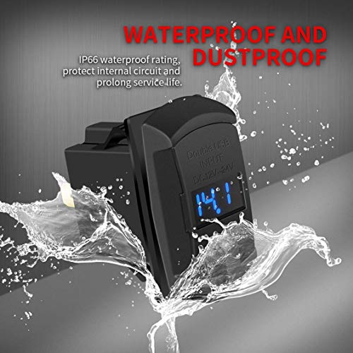 DaierTek Marine USB Rocker Switch 12V Dual Charger Ports 4.2A Waterproof Outlet Socket with Blue Led Digital Voltmeter for Rocker Switch Panel on Boat RV Car Vehicle - color: blue