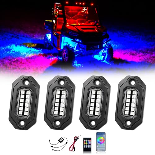 4 Pods RGB LED Rock Lights w/Bluetooth APP& Remote Control, Aluminum Housing, IP68 Waterproof for Boat Trucks Jeep UTV SUV ATV Golf Cart - size: 4 Pods