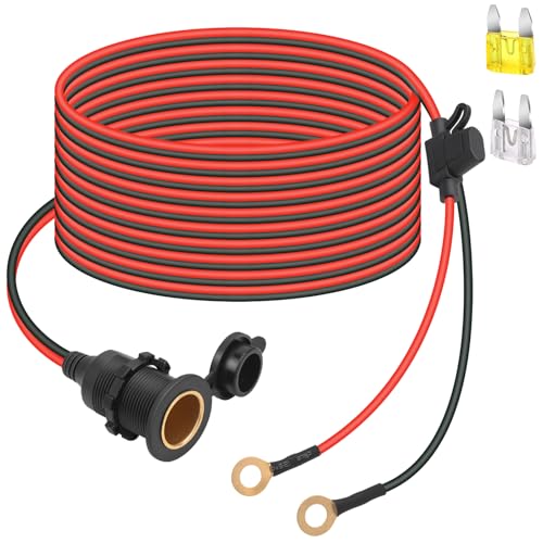 12V/24V Fixed Thread Cigarette Lighter Socket Extension Cable with Perforated Terminal Direct Battery Type car Adapter 2.5mm² 20A Heavy Duty Cable 12 FT（Free Two Blade fuses） - color: 12 FT