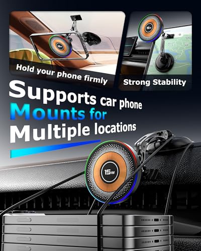 ZBF Magnetic Wireless Charging Car Phone Holder with 15W Fast Charging & Strong Vacuum Suction, 360° Rotatable Dashboard & Windshield Mount for Magsafe iPhone 17/16/15/14/13 Android Galaxy S24/S23/S22 - style: Upgraded Charging