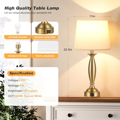Bedroom Lamps for Nightstand, 3 Way Dimmable Gold Bedside Lamps with USB - color: K. White Shade & Gold Base, size: Medium（22.5 In）