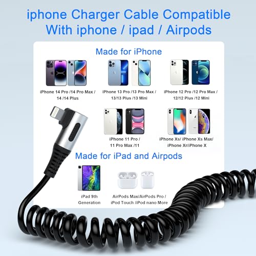 90 Degree Coiled Lightning Cable, 2 Pack iPhone Charger Cable for Apple Carplay [MFi Certified], USB Fast Charging Coiled Lightning Cable Right Angle Compatible with iPhone/iPad/iPod/Car