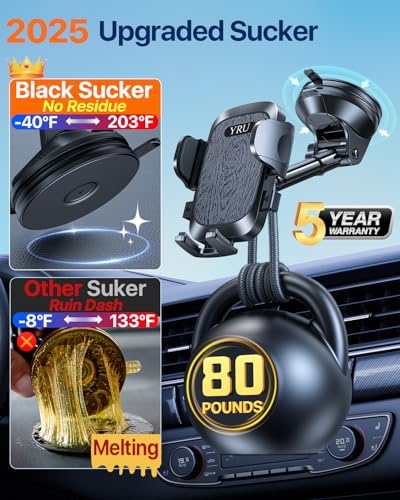 YRU True Upgrade for Safety Car Phone Holder Mount Patent & Military-Grade Dashboard Cell Phone Holder for Car Vent Windshield Phone Stand for iPhone 17 16 15 14 13 Pro Max Truck Samsung, Matte Black - color: Matte Black