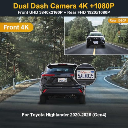 Fitcamx USED Front 4K+Rear 1080P Dash Cam Adapts for Toyota Highlander 2020-2026 & Highlander Hybrid (Gen4/UX70), OEM Look, Dual HD Video, WiFi & APP, Loop Recording, G-Sensor, Easy to Use, NO SD Card - style: USED: Front 4K+Rear 1080P