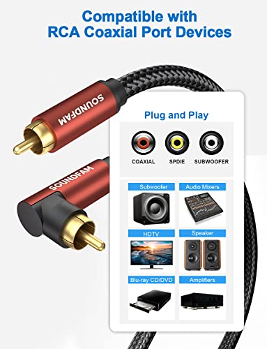 90 Degree Right Angle RCA Subwoofer Cable, Dual Shielded 24K Gold-Plated Coaxial Audio Cable for Home Theater, S/PDIF - [ 10ft/3M, Red, 1 x 90° RCA Plug ] - color: 1 x 90° RCA Plug, size: 10ft/3M