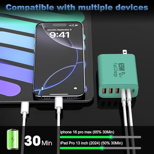 65W USB C Charger Block,6-Port Multi Device Fast Charger PD QC Wall Adapter - color: Green, size: 65w