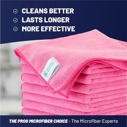 MW Pro Pink Microfiber Cleaning Cloths – 12 Pack, 16" x 16" – Premium Professional-Grade Pink Towels Built for Cleaning Pros, Hotels, Interiors & Home – Stays Pink, All-Purpose, Streak-Free - color: Pink