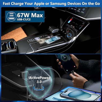 USB C Car Charger, Rombica 3Port 67W PD Dual USB-C&USB-A Car Phone Charger - color: Raven Black
