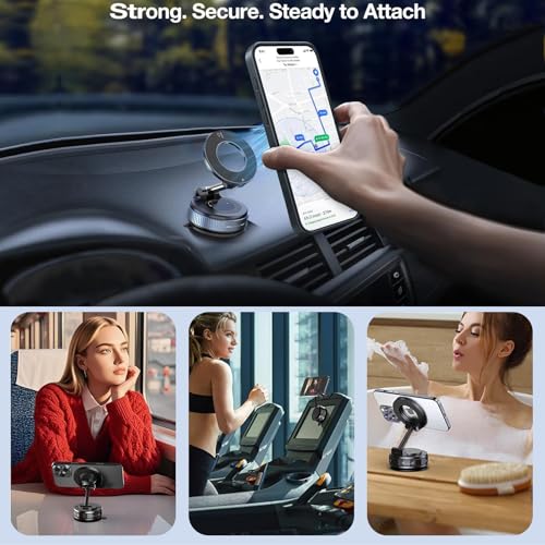 Upgraded Vacuum Magnetic car PhoneHolder, Strongest Suction Cup Phone Holder, 720°Foldable car Holder, Suitable forCars/Mirrors/Smooth Surface, Compatible withiPhone and Android (Black) - color: Black