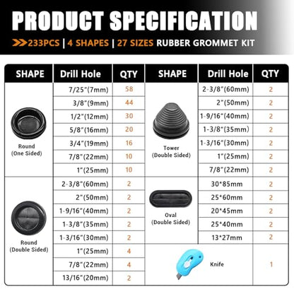 mankk 233PCS Rubber Grommet Kit 27 Sizes (7/25"-2-3/8") Tower/Oval/Round Firewall Grommet Wire Grommet Double Sided Rubber Hole Plug with Knife for Wire Protection - size: 27 Sizes