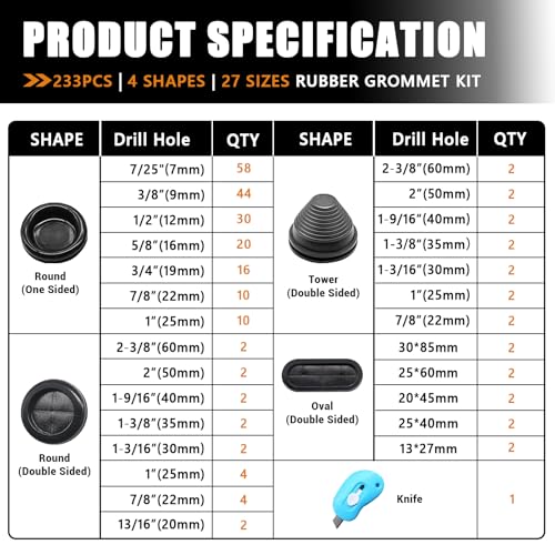 mankk 233PCS Rubber Grommet Kit 27 Sizes (7/25"-2-3/8") Tower/Oval/Round Firewall Grommet Wire Grommet Double Sided Rubber Hole Plug with Knife for Wire Protection - size: 27 Sizes