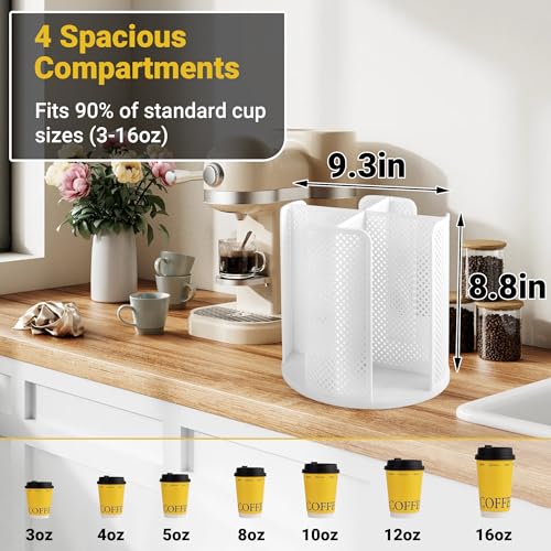 4-Compartment Rotating Paper Cup Holder & Coffee Cup Lid Storage Dispenser, Plastic Cup Dispenser Removable, Space-Saving Countertop Cup Holder for Coffee Bars, Kitchens (White) - color: White