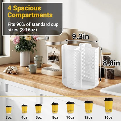 4-Compartment Rotating Paper Cup Holder & Coffee Cup Lid Storage Dispenser, Plastic Cup Dispenser Removable, Space-Saving Countertop Cup Holder for Coffee Bars, Kitchens (White) - color: White