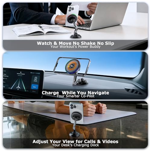 15W Magsafe 자동차 마운트 충전기용, 진공 360° 조절 가능한 금속 헤드가 있는 마그네틱 무선 자동차 마운트 충전기 [54.4kg(120파운드) 강력한 흡입력], 아이폰 12–17 시리즈용 차량용 휴대폰 홀더