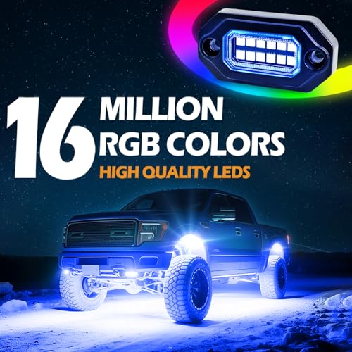 8Pods RGB LED Rock Lights Full Kit with APP/Remote Control, Aluminum Housing, High Bright Multilcolor IP68 Waterproof for Jeep Trucks UTV SUV ATV Pickup Off Road Golf Car - size: 8 Pods