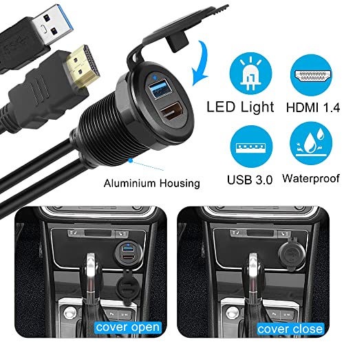 QIANRENON USB3.0 & HDMI Embedded Car Waterproof Cable USB3.0+HDMI 1.4 Threaded Fixed Mount Data Extension Cable, LED Light, Aluminum Housing, for Dashboard Car Boat Motorbike, 2M/6.5ft