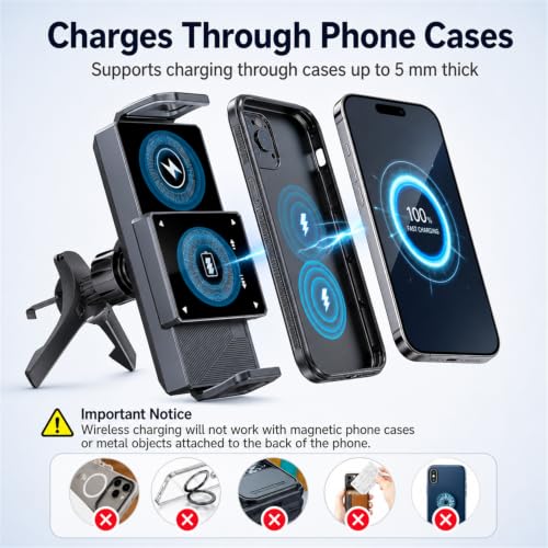 BiLOLLY Wireless Car Charger Phone Holder, 15W Qi Fast Charging, Auto-Clamping Air Vent Car Mount with Motorized 90° Rotation, for Galaxy Z Fold 7/6/5/4/3/2, Pixel 10/9 Pro Fold, iPhone 17/16/15/14