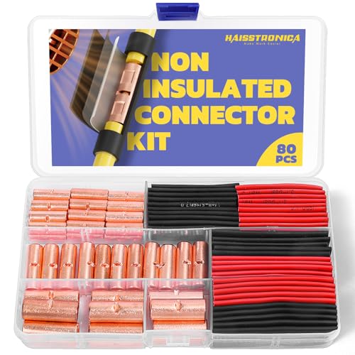 haisstronica 80PCS Non-Insulated Butt Connectors AWG 8-4 with Heat Shrink