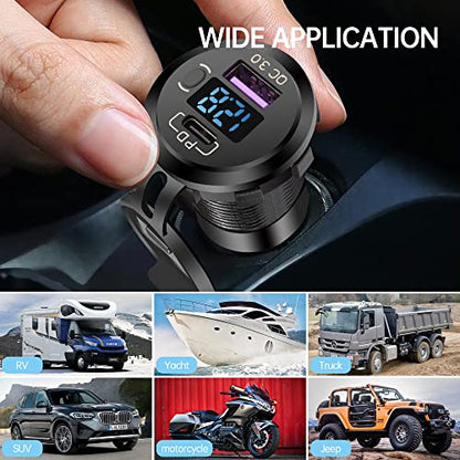 Quick Charge 3.0 Dual USB Car Charger Socket with LED Voltmeter and ON Off Switch Fused Wire Kit 12V/24V PD QC3.0 Fast Charge USB Outlet for Car Boat Marine RV Truck Golf