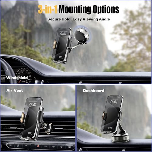 Car Phone Holder Charger, 15W Wireless Car Charger with Auto Clamp & Smart Sensor, Rotating Vacuum Suction Cup Dashboard/Windshield Phone Mount, 360° Adjustable Car Mount for iPhone, Samsung, Black - size: for General Suction Cup PM