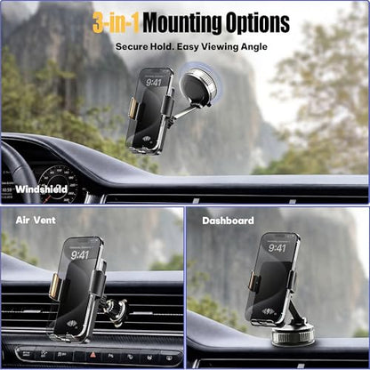 Car Phone Holder Charger, 15W Wireless Car Charger with Auto Clamp & Smart Sensor, Rotating Vacuum Suction Cup Dashboard/Windshield Phone Mount, 360° Adjustable Car Mount for iPhone, Samsung, Black - size: for General Suction Cup PM