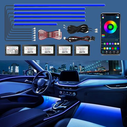 RGB Acrylic Ambient Lighting Car Lights, LED Strip Lights with APP Control, 593 LEDs Interior Car Lights, 6 in 1 Neon Car Ambient Neon Light Kits - size: RGB color 6 lights