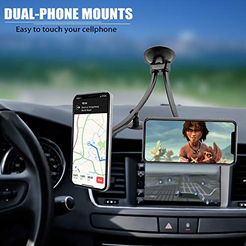 Dual Magnetic Car Phone Mount, Gooseneck Car Phone Holder for Truck Windshield & Dashboard with 3M/Stabilizer, Dual Long Arm Phone Mount Compatible with iPhone Galaxy All Smart Cell Phones