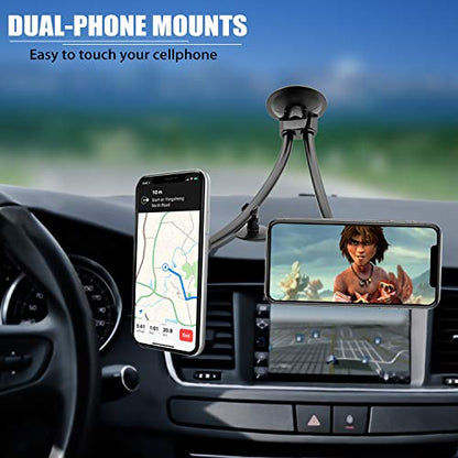 Dual Magnetic Car Phone Mount, Gooseneck Car Phone Holder for Truck Windshield & Dashboard with 3M/Stabilizer, Dual Long Arm Phone Mount Compatible with iPhone Galaxy All Smart Cell Phones