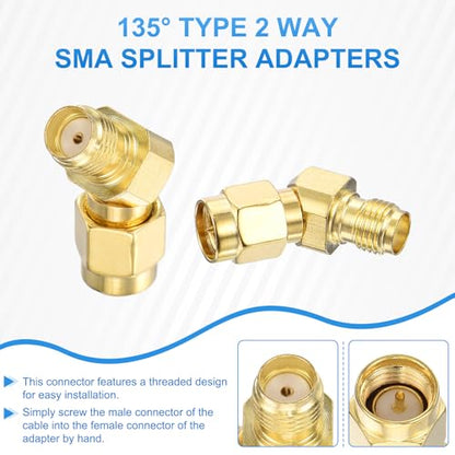 MECCANIXITY 5Pcs 135° Type SMA L-Shape Adapter SMA Male to Female Adapter Converter 50 Ohm for Antennas, Signal Monitoring, Test Bench, Router, Car Navigation, Gold
